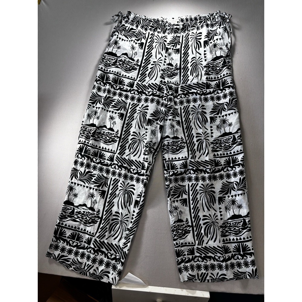 Rachael Zoe 100% Linen  Wide Leg Pants Tropical Black/White L Resort Wear Cruise